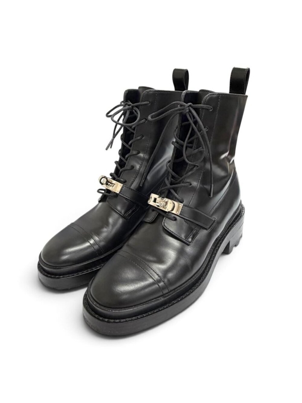 Hermes Funk Kelly Buckle Lace-up Leather Ankle Boots Short Black